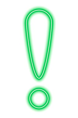 Yeşil neon ünlem işareti beyaza izole edilmiş. Vektör illüstrasyonu