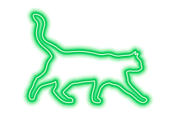 白で隔離されたネオングリーンの猫 猫は尻尾を高く上げて歩く ベクターイラスト — ストックベクタ