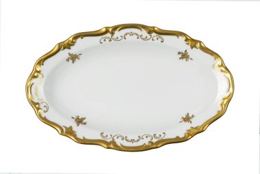 Altın ağızlı izole alışılmadık şekli Vintage tabak. Kase Üstten Görünüm.