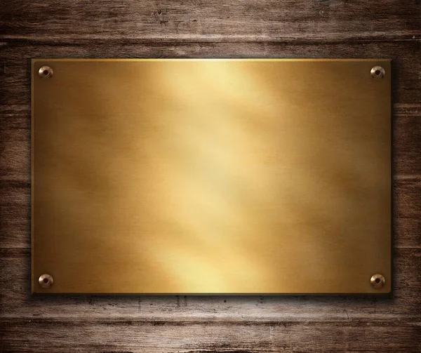 Placa Ouro Sobre Fundo Madeira — Fotografia de Stock