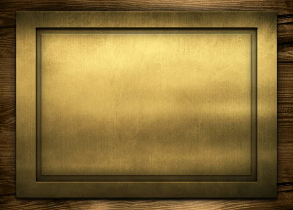 Moldura Metal Dourado Parede Madeira Com Espaço Vazio Mesa Dourada — Fotografia de Stock