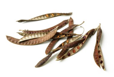 Kuru fasulye kabukları ve beyaz arka planda soyulmuş kırmızı fasulyeler.