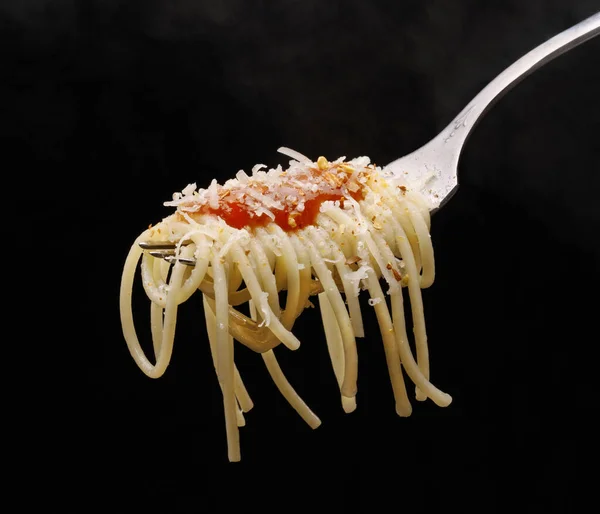 Spaghetti Fork Tomato Sauce Mint Black Background — Stock Photo, Image