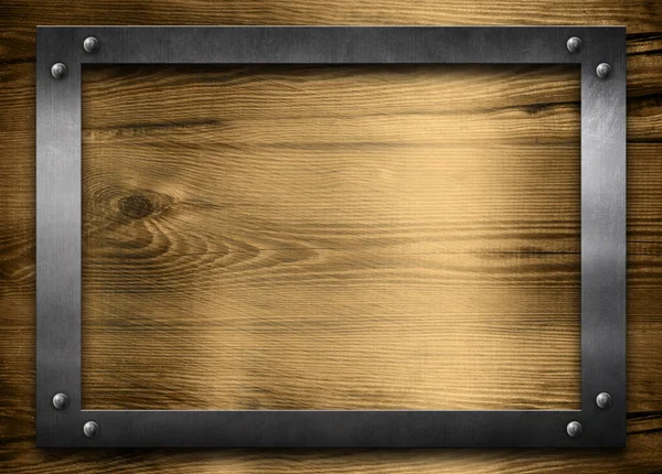 Srebrna Metalowa Rama Drewniana Ściana Pustą Przestrzenią Złoty Stół Tle — Zdjęcie stockowe