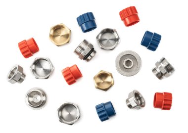 many metal fittings - pipe unions, bushings, bullnoses and nuts clipart