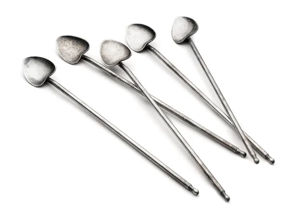 Cucharas Cóctel Antiguas Plata Vintage Aisladas Sobre Fondo Blanco —  Fotos de Stock