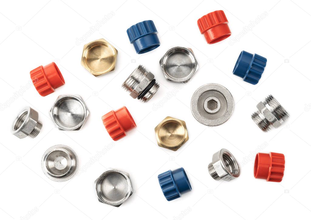 many metal fittings - pipe unions, bushings, bullnoses and nuts