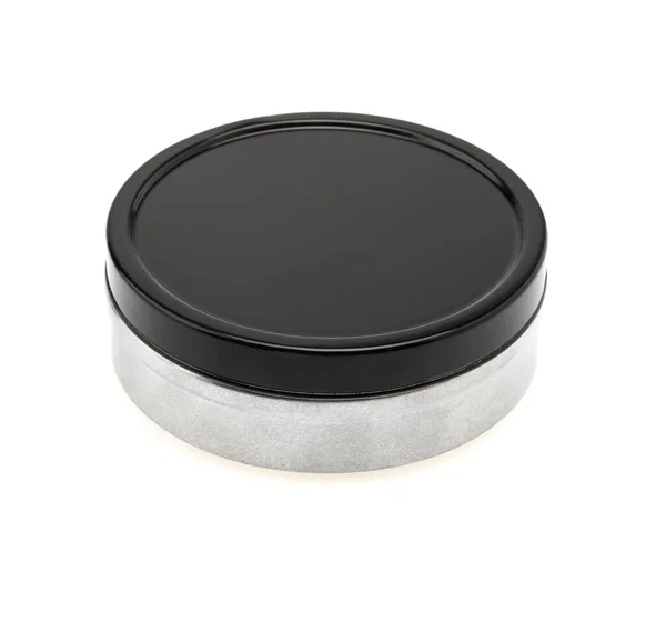 Closed Tin Can Black Lid Isolated White Background — Stock Photo, Image