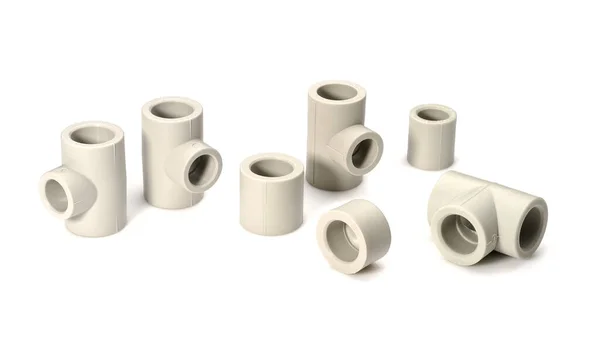 Varios Accesorios Plástico Para Tubos Polipropileno Sobre Fondo Blanco — Foto de Stock
