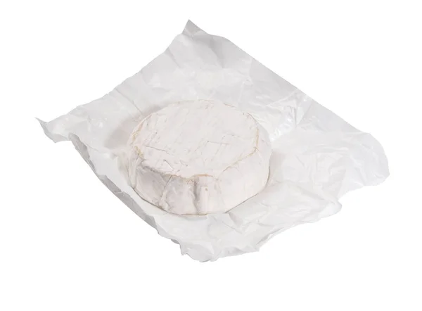 Camembert Fromage Sur Papier Emballage Blanc Sur Fond Blanc — Photo