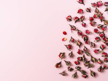 Pembe ışıklı arka planda kurumuş gül tomurcukları.