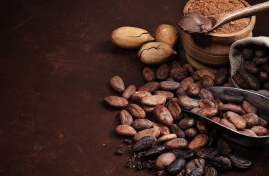 Kakao çekirdeği ve pudra ile koyu ahşap bir masa üzerinde kompozisyon