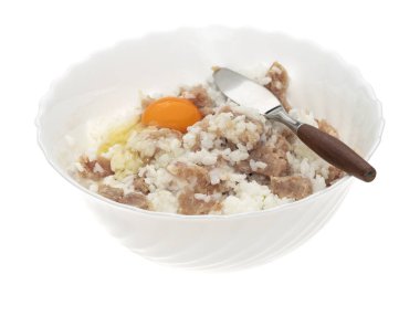 Çin yemeği, kıyma, domuz eti ve yasemin pilavı karışımı sıcak pirinç imajı için.