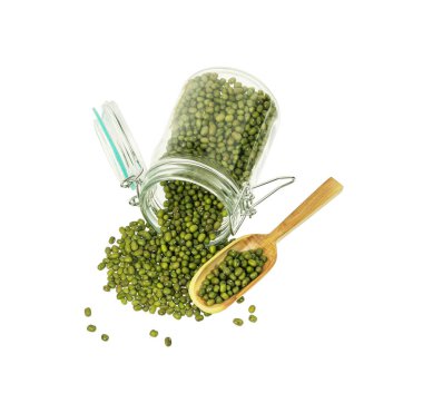 Kavanozu açık, içi soya fasulyesi dolu.