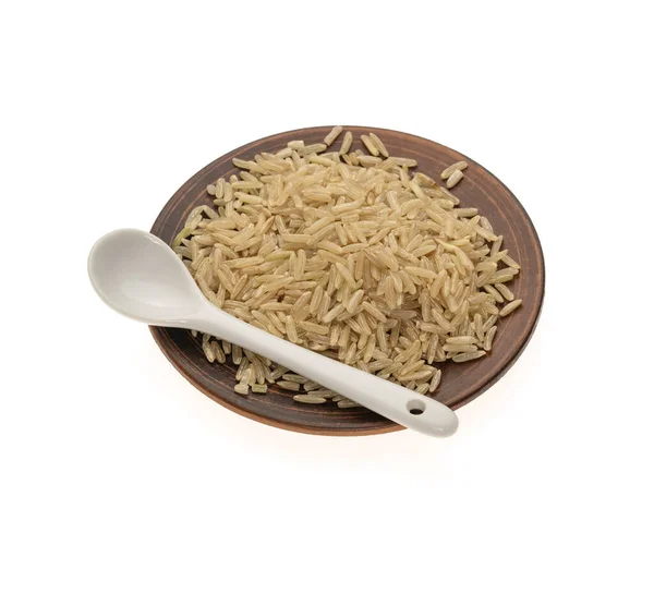 Golden Rice Ceramic Bowl White Spoon White Background — Stock Photo, Image