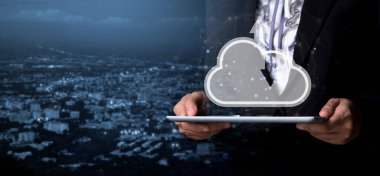 Businesswoman hand using digital tablet with cloud computing concept, Cloud computing concept, Backup Storage Data Internet, networking and digital, Share global, technology concept.	