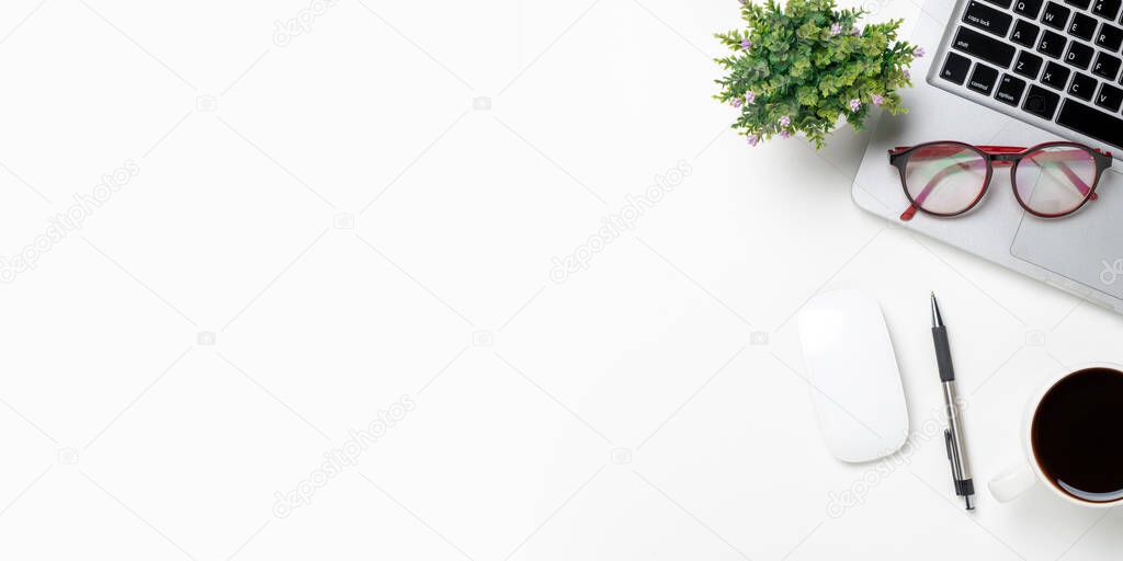 Office desk with computer, Pen, mouse, eyeglass, Cup of coffee on white background, Top view with copy space, Mock up.
