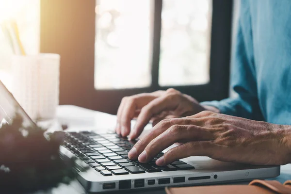 Businessman Hand Typing Keyboard Working Office Interior Laptop Computer Desk — Foto Stock