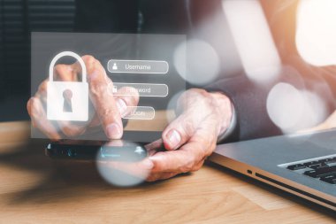 Ekran ekranında giriş ve parola, siber güvenlik konsepti, veri koruması ve güvenli internet erişimiyle klavyeye insan eli yazma.