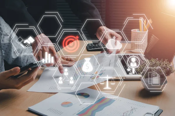 Compliance Virtual Diagram Business Analysis Data Two Colleagues Discussing Data — Stock Fotó