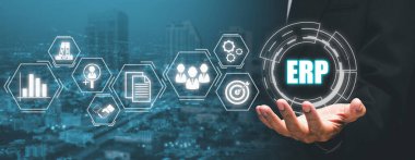 Enterprise Resource Planlama ERP, sanal ekranda simgelerle belge yönetimi kavramı, ERP simgeleri, müşteriler, HR, üretim, lojistik, finansal ve pazarlama.