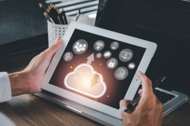 Person hand using digital tablet with cloud computing icon, Cloud computing concept, Backup Storage Data Internet, networking and digital, Share global, technology concept...	
