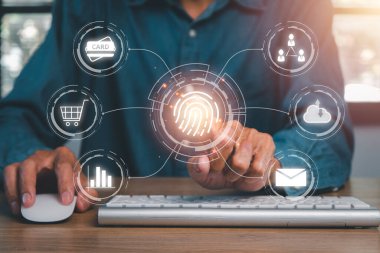 Business person hand using fingerprint indentification to access personal financial data, Fingerprint scan provides security access with biometrics identification.	