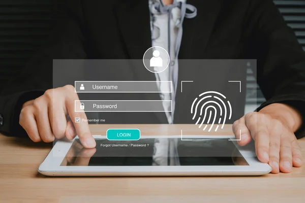 디지털 태블릿에서 로그인 패스워드 지문으로 타이핑하는 사이버 데이터 인터넷 — 스톡 사진