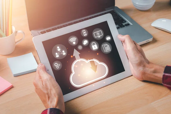 Person hand using digital tablet with cloud computing icon, Cloud computing concept, Backup Storage Data Internet, networking and digital, Share global, technology concept.	