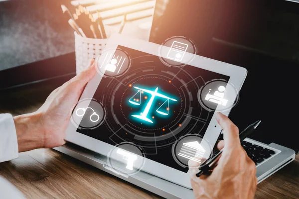 Justice Law Concept Male Judge Working Tablet Computer Screen Law — Stockfoto