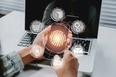Woman hand using fingerprint indentification to access personal financial data, Fingerprint scan provides security access with biometrics identification..	