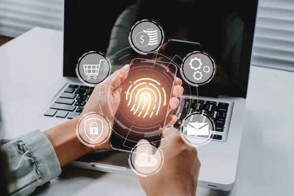 Woman hand using fingerprint indentification to access personal financial data, Fingerprint scan provides security access with biometrics identification..	