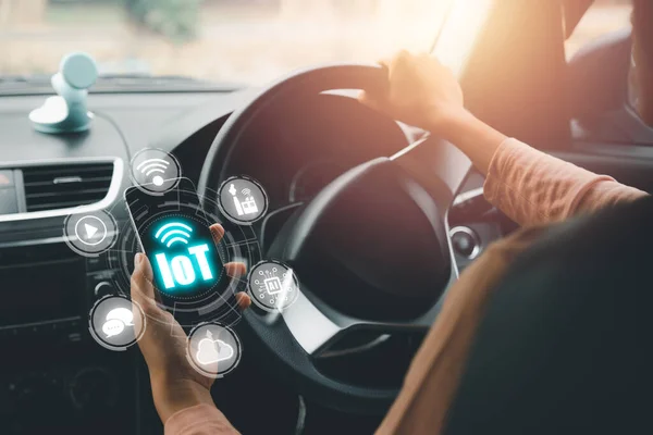 Iot Internet Things Person Hand Using Smart Phone Car Screen — Stock Photo, Image