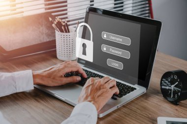 Ekran ekranında giriş ve parola, siber güvenlik konsepti, veri koruması ve güvenli internet erişimiyle klavyeye insan eli yazma.