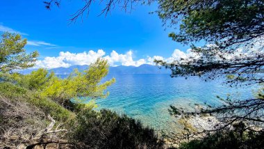 Saint Florent yakınlarındaki güzel Saleccia plajına giden yolun manzarası. Kristal berrak deniz suyuyla sahil, Korsika, Fransa.