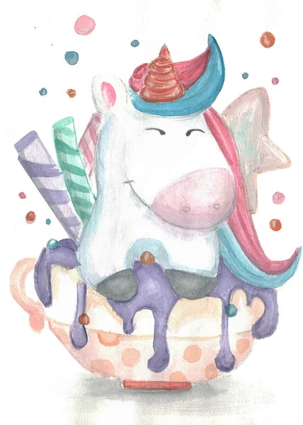 Unicornio Multicolor Acuarela Ilustración Animal Postal — Foto de Stock