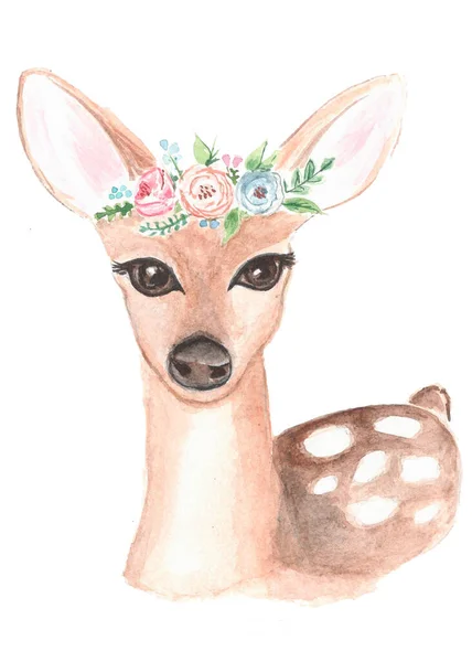 Ciervos Con Flores Ilustración Animales Postal — Foto de Stock