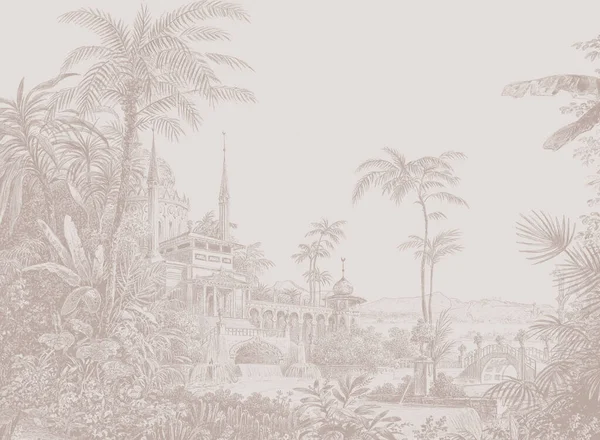 Palace Jungle Neutral Background Aged Vintage Illustration Overgrown Plants Exotic — Stock Photo, Image
