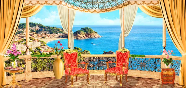 Deniz manzaralı balkon, klasik fresk.