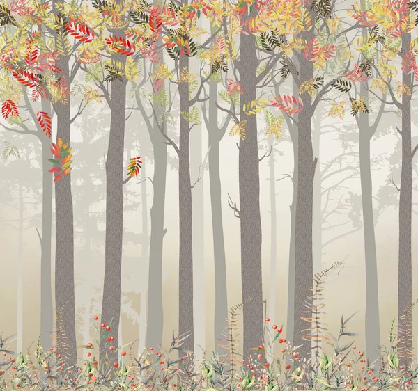 Sarı ve kırmızı dağ külleri ya da meşe ağacı gövdeleri ile sonbahar ormanı açıklıkta güzel bitkiler açar.