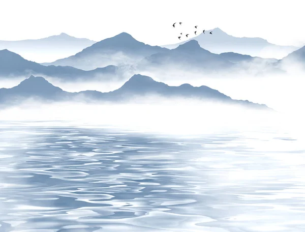 Hegyi Kilátás Köd Kék Tenger Csúszó Köd Hullámok Akvarell — Stock Fotó