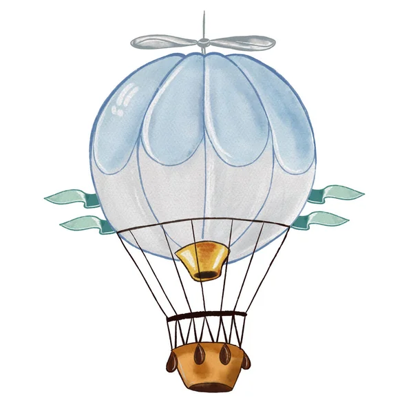 Renkli bayraklı mavi balon. Güzel çocuklar. Sevimli illüstrasyon nakliyesi.