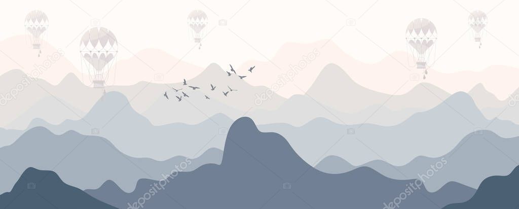 mountain landscape in the morning with balloons and birds