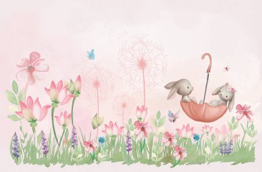  Şemsiyedeki sevimli tavşanlar çiçeklerin çayırında pembe arka planda suluboya arka plan taklidi yapıyorlar.