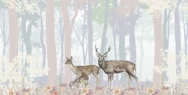 Açık bir ormanın arka planında geyik. Pembe mavi yeşil ağaçlar. Şirin bir illüstrasyon.