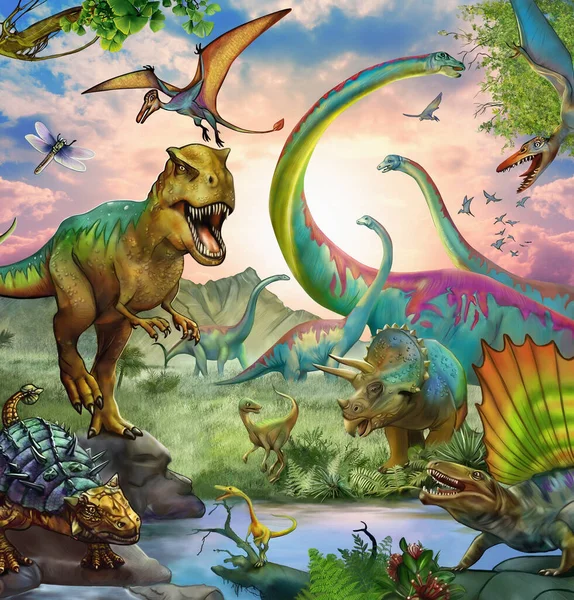 dinosaurs in the forest dinosaur art illustration