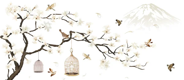 Narin çiçekleri olan bir ağaç ve beyaz arka planda kuş resimleri olan bir kafes içindeki bir kuş.