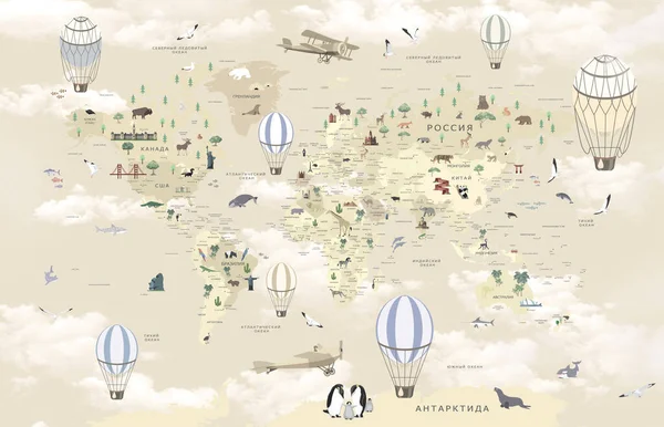Bej bir arka planda çocuklar için hayvanlarla dolu dünya haritası. Bulutlar ve Rusya 'yı çevreleyin. Avustralya. ABD.