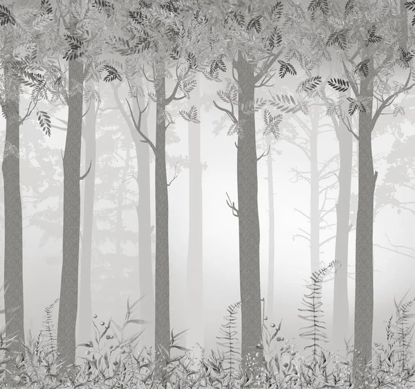 Ілюстрація Дерева Листям Суниці Чорно Білі Фотошпалери Туманні Лісові Рослини — стокове фото