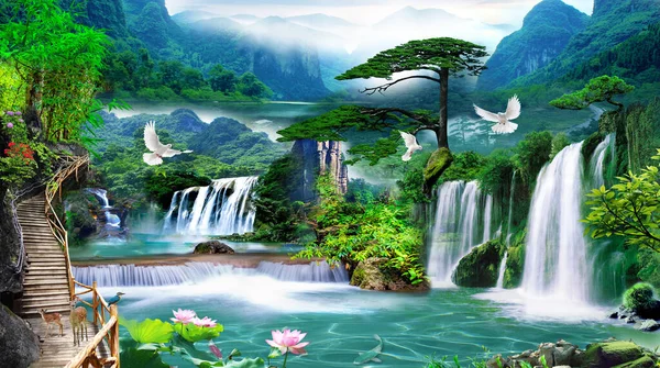 Wallpaper Illustration Waterfalls Nature Lake Beautiful Misty Forest Nature — Stock Photo, Image